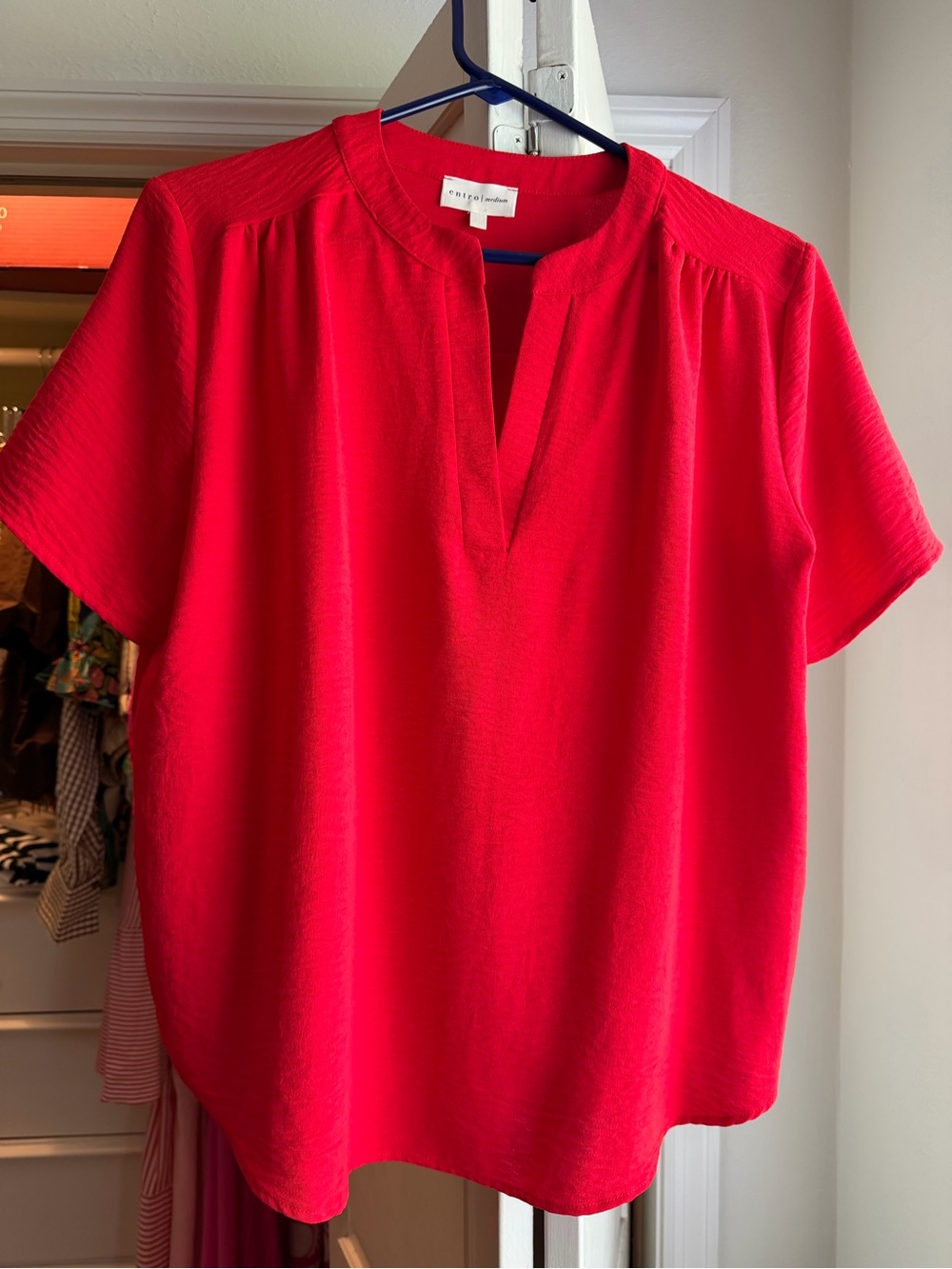 entro Bright Red Split-Neck Short Sleeve Blouse